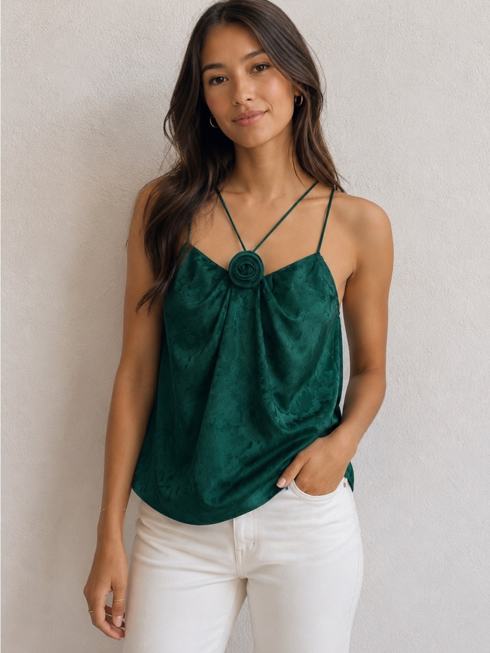 Wayf Deep Green Satin Floral-Texture Cami with Rosette Detail